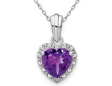 1.15 Carat (ctw) Amethyst Heart Pendant Necklace in Sterling Silver with Accent Diamonds and Chain